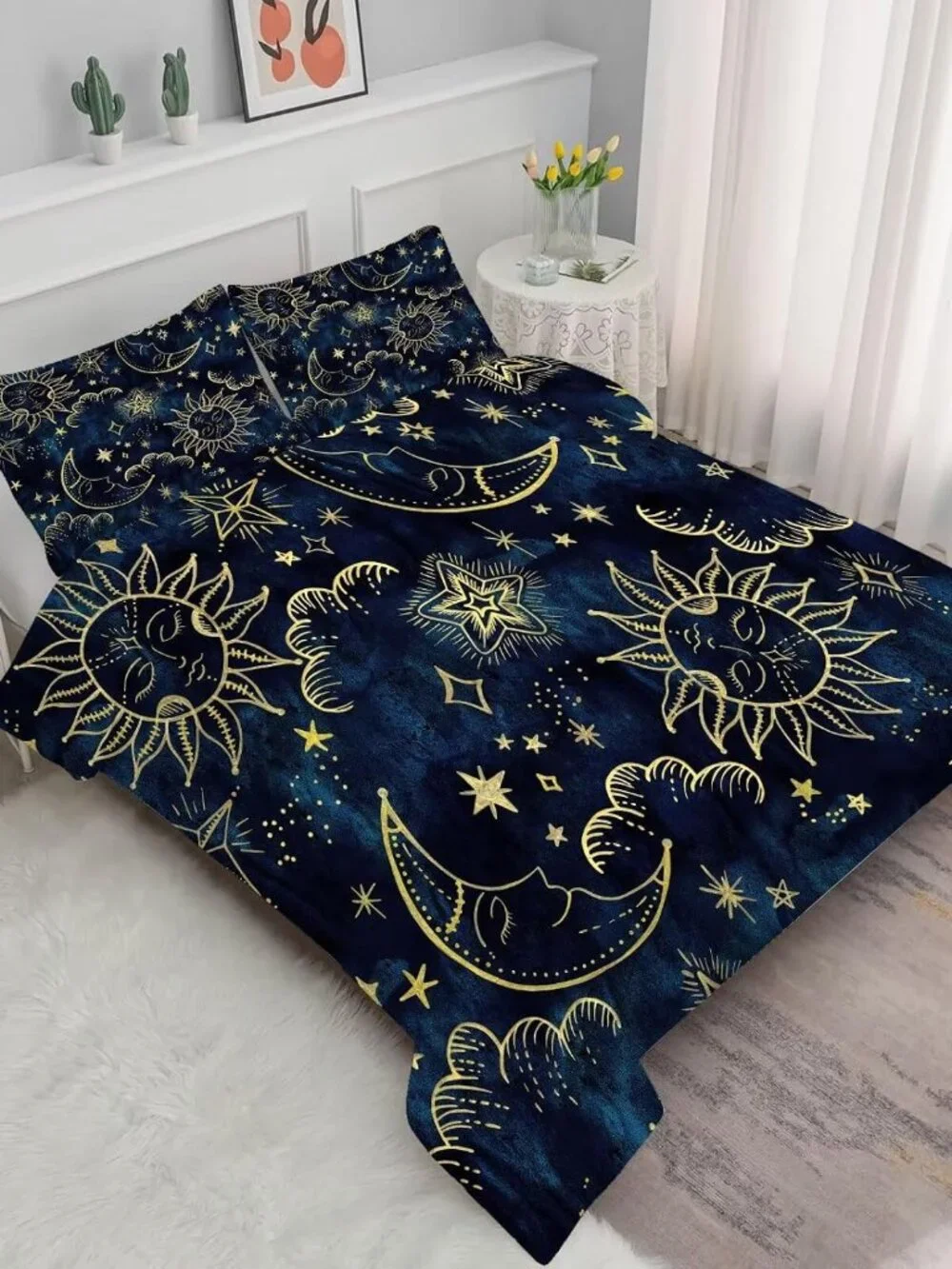Celestial Comforter Set Queen Size Blue Gold Sun and Moon Boho Bedding for Kids